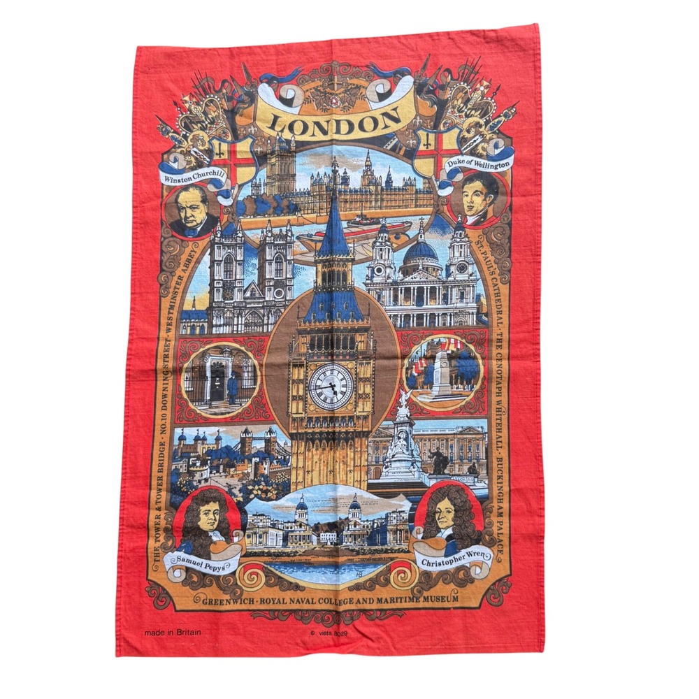 Vintage London Tea Towel Red Landmarks Souvenir Made in Britain Tourist Kitchen